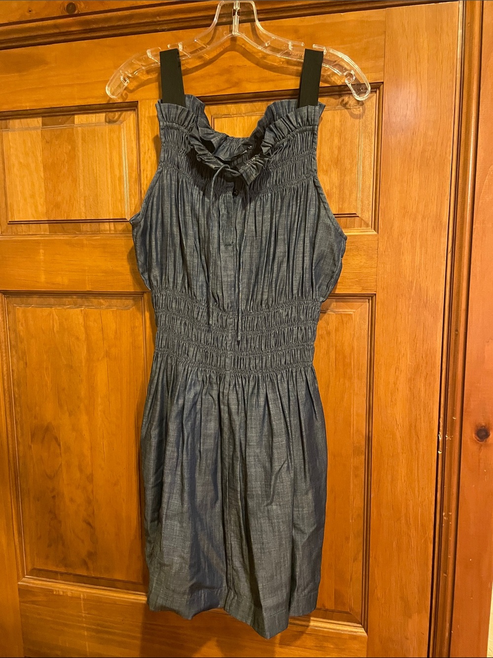 Smocked Ruffle Neck Sleeveless Dress - Lightweight denim